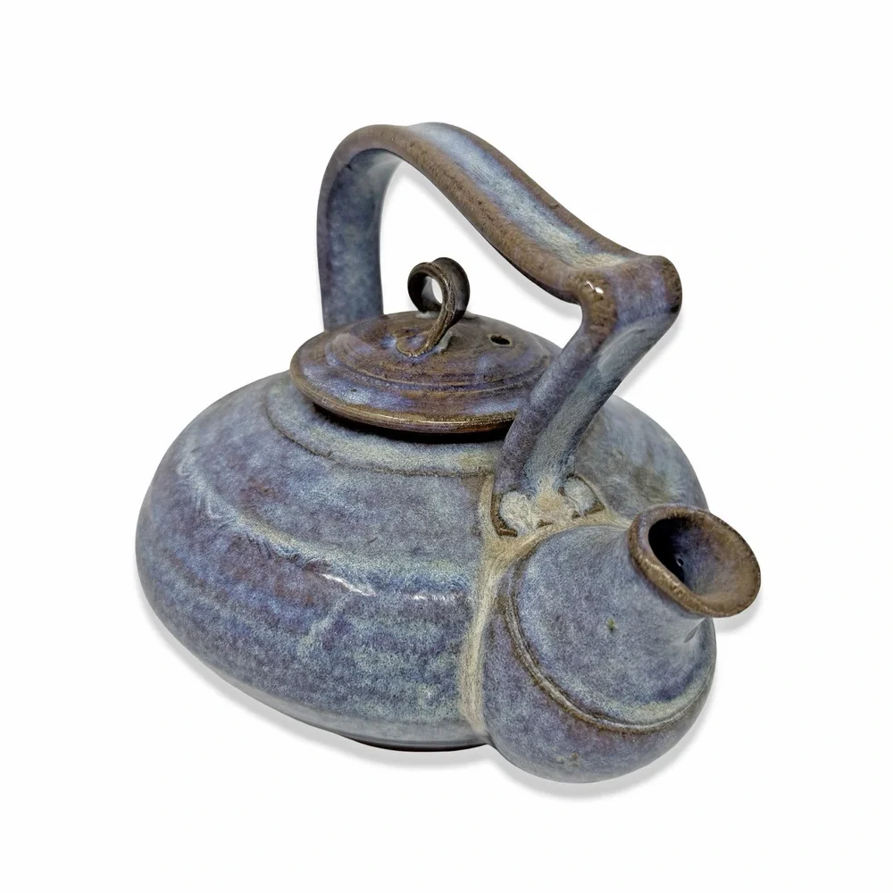 Studio Pottery Teapot Signed Iris Minc '92 Blue Glaze Art Ceramic Handmade